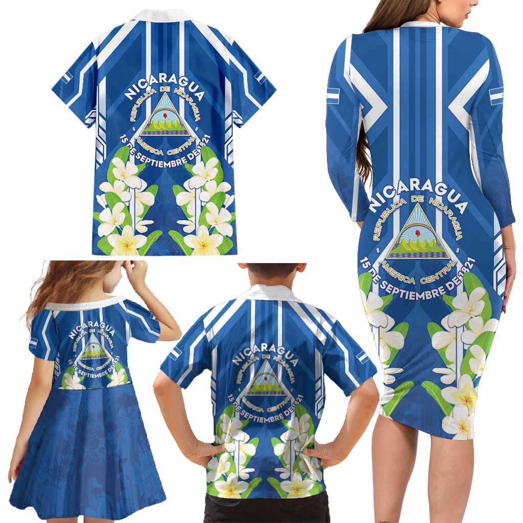 Nicaragua Independence Day 1821 Family Matching Long Sleeve Bodycon Dress and Hawaiian Shirt Coat Of Arms With Plumeria - Wonder Print Shop