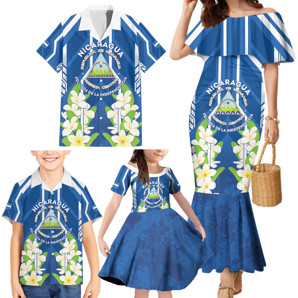 Nicaragua Independence Day 1821 Family Matching Mermaid Dress and Hawaiian Shirt Coat Of Arms With Plumeria - Wonder Print Shop