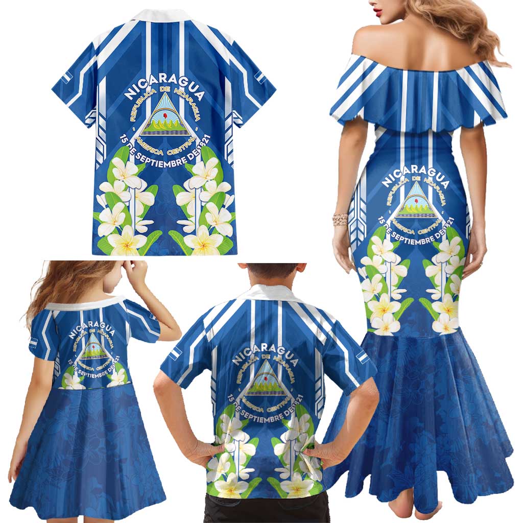 Nicaragua Independence Day 1821 Family Matching Mermaid Dress and Hawaiian Shirt Coat Of Arms With Plumeria - Wonder Print Shop