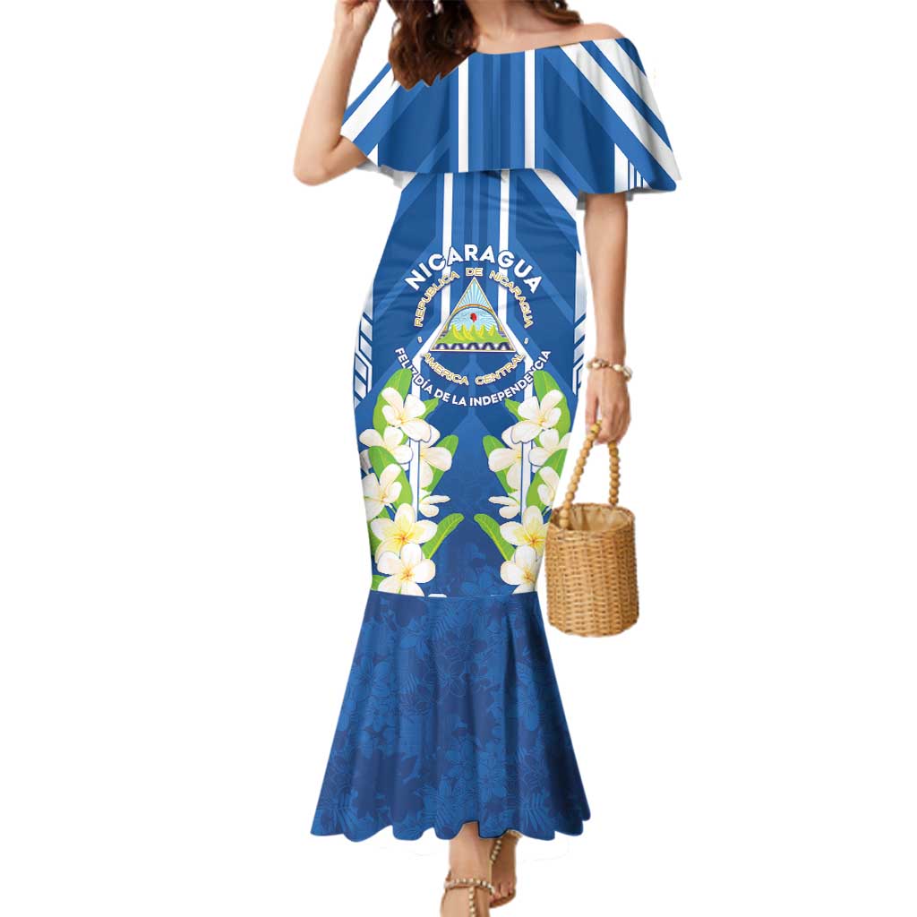 Nicaragua Independence Day 1821 Family Matching Mermaid Dress and Hawaiian Shirt Coat Of Arms With Plumeria - Wonder Print Shop