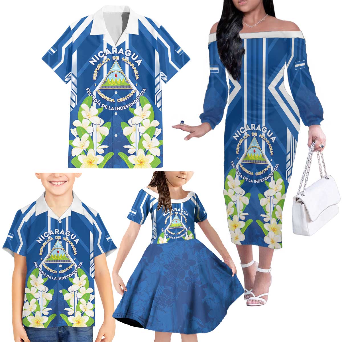 Nicaragua Independence Day 1821 Family Matching Off The Shoulder Long Sleeve Dress and Hawaiian Shirt Coat Of Arms With Plumeria - Wonder Print Shop