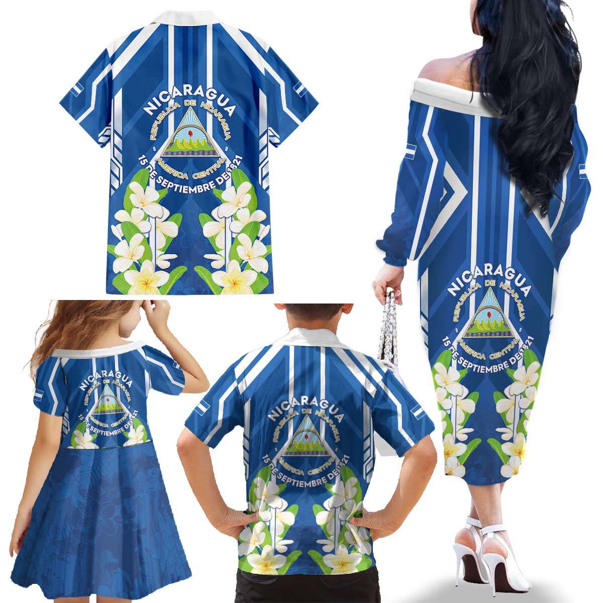 Nicaragua Independence Day 1821 Family Matching Off The Shoulder Long Sleeve Dress and Hawaiian Shirt Coat Of Arms With Plumeria - Wonder Print Shop