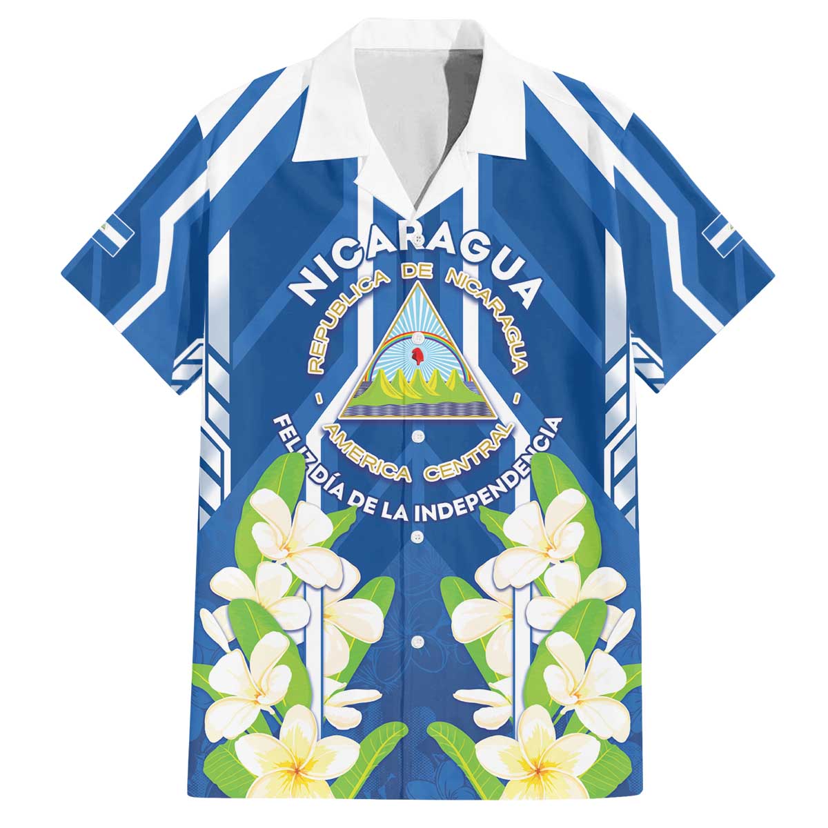 Nicaragua Independence Day 1821 Family Matching Off The Shoulder Long Sleeve Dress and Hawaiian Shirt Coat Of Arms With Plumeria - Wonder Print Shop