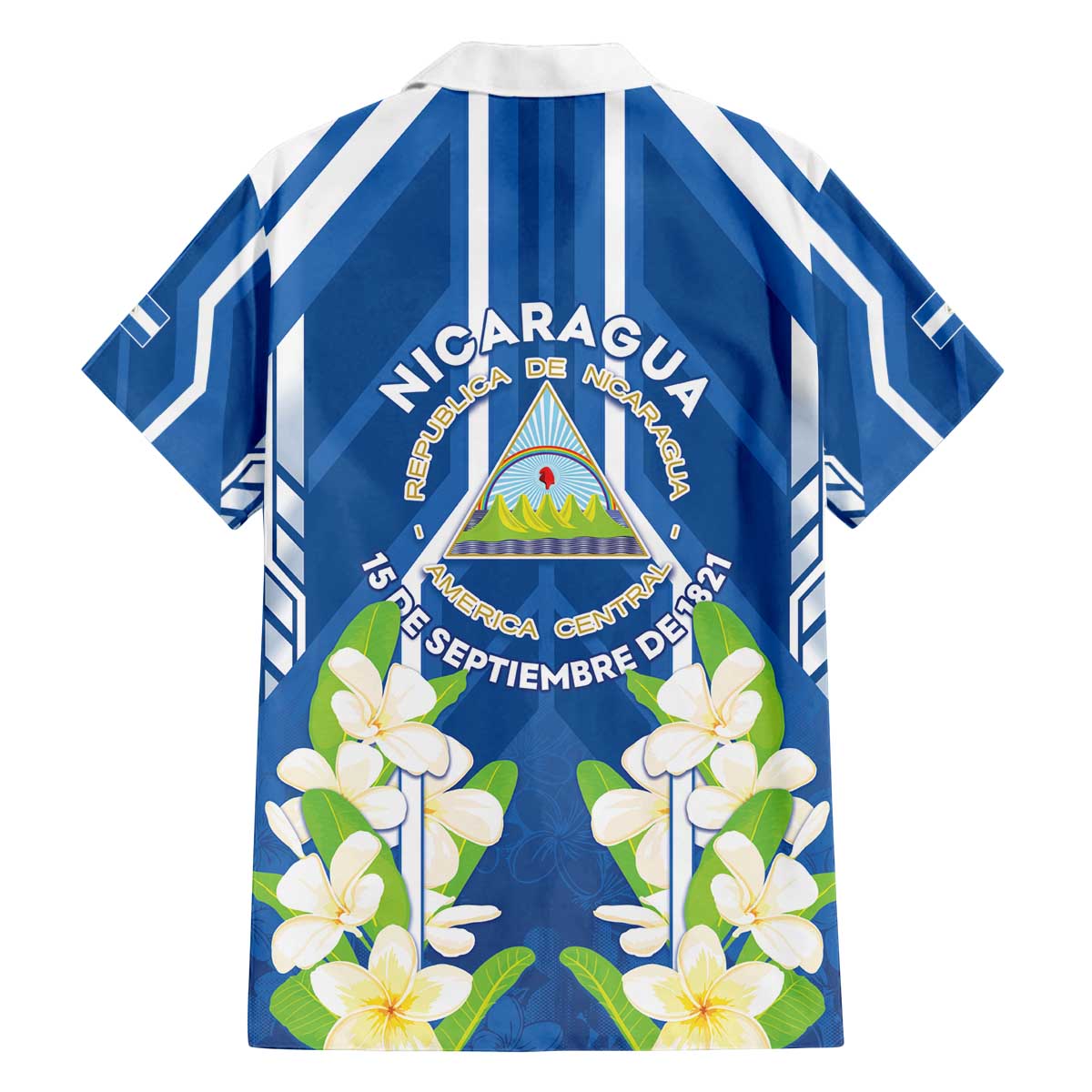 Nicaragua Independence Day 1821 Family Matching Off The Shoulder Long Sleeve Dress and Hawaiian Shirt Coat Of Arms With Plumeria - Wonder Print Shop