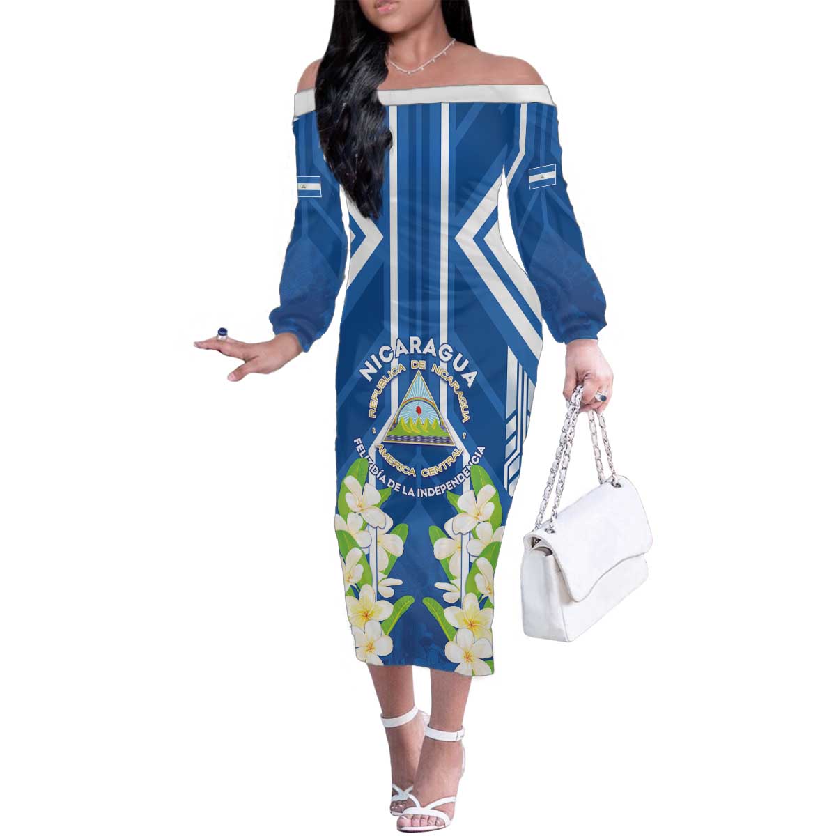 Nicaragua Independence Day 1821 Family Matching Off The Shoulder Long Sleeve Dress and Hawaiian Shirt Coat Of Arms With Plumeria - Wonder Print Shop