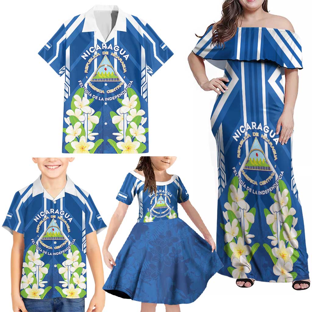 Nicaragua Independence Day 1821 Family Matching Off Shoulder Maxi Dress and Hawaiian Shirt Coat Of Arms With Plumeria - Wonder Print Shop