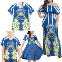 Nicaragua Independence Day 1821 Family Matching Off Shoulder Maxi Dress and Hawaiian Shirt Coat Of Arms With Plumeria - Wonder Print Shop