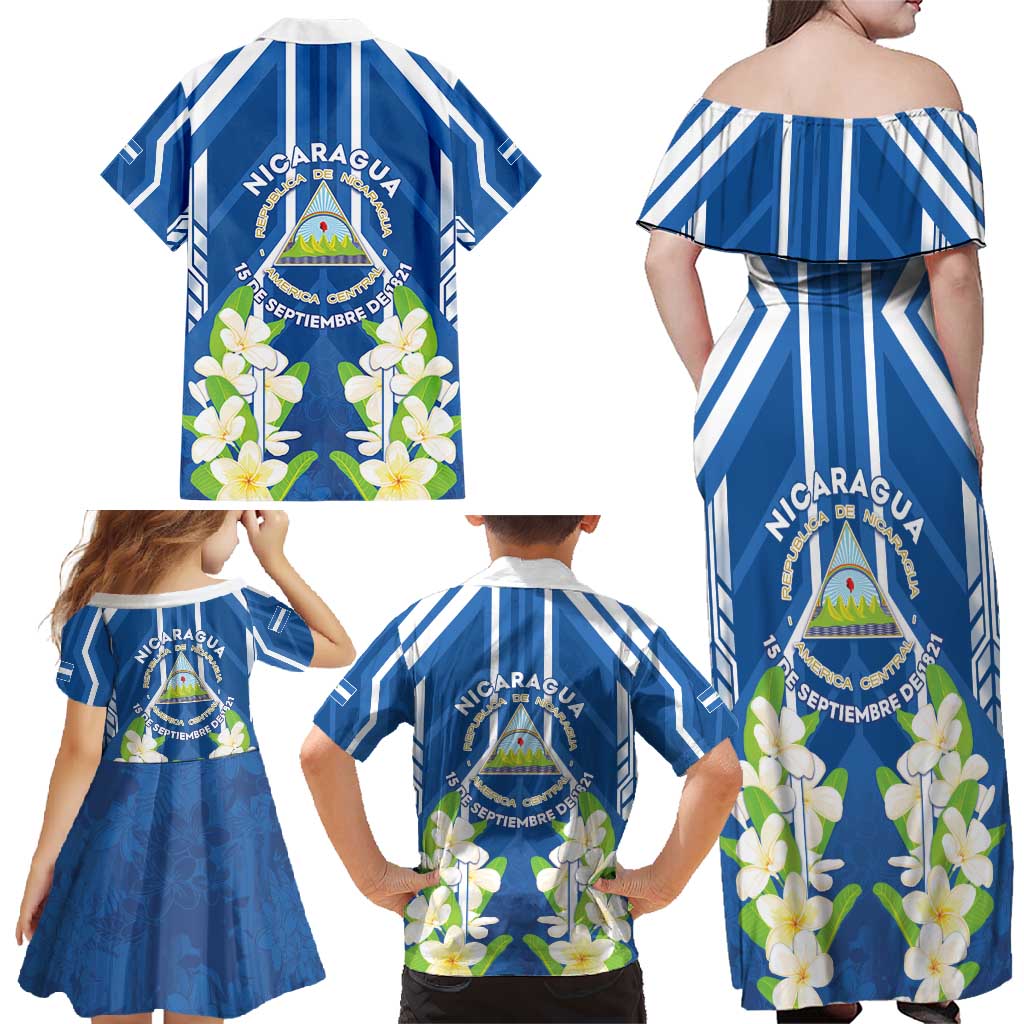 Nicaragua Independence Day 1821 Family Matching Off Shoulder Maxi Dress and Hawaiian Shirt Coat Of Arms With Plumeria - Wonder Print Shop