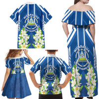 Nicaragua Independence Day 1821 Family Matching Off Shoulder Maxi Dress and Hawaiian Shirt Coat Of Arms With Plumeria - Wonder Print Shop