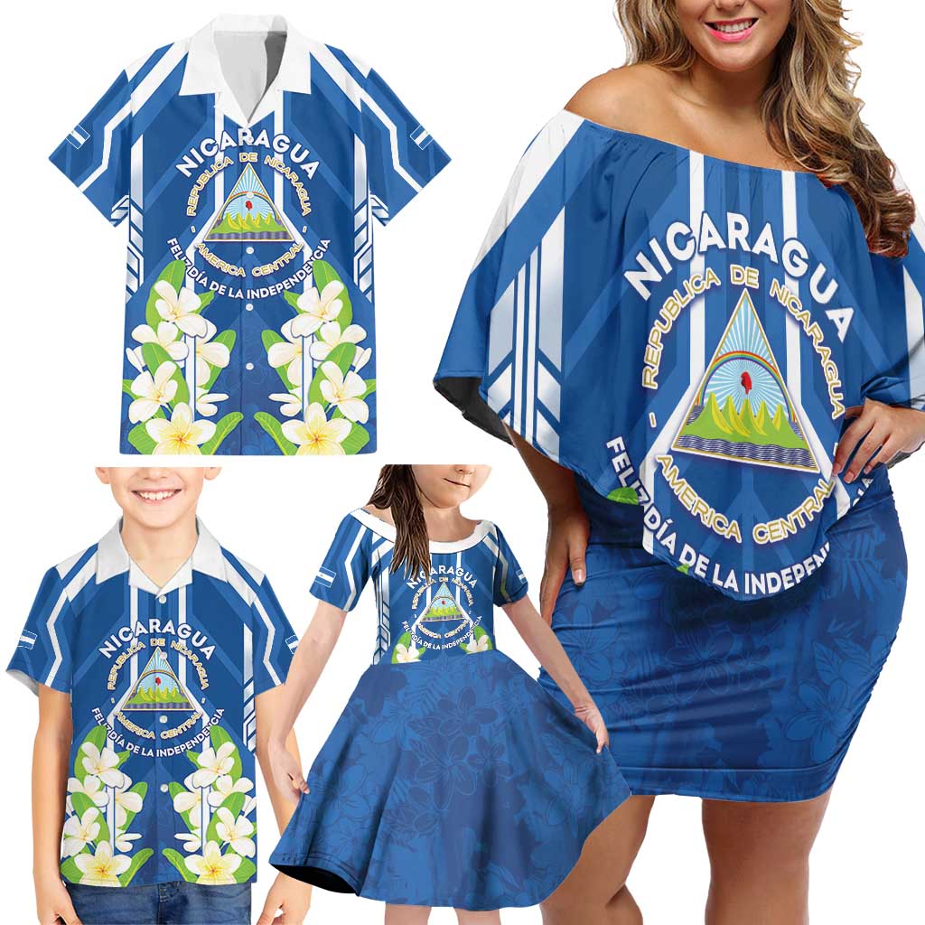 Nicaragua Independence Day 1821 Family Matching Off Shoulder Short Dress and Hawaiian Shirt Coat Of Arms With Plumeria - Wonder Print Shop