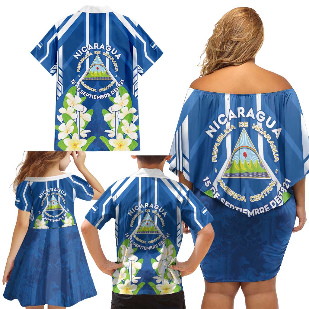 Nicaragua Independence Day 1821 Family Matching Off Shoulder Short Dress and Hawaiian Shirt Coat Of Arms With Plumeria - Wonder Print Shop