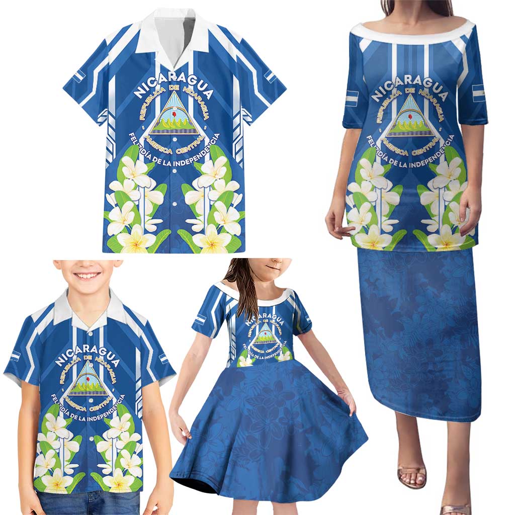 Nicaragua Independence Day 1821 Family Matching Puletasi and Hawaiian Shirt Coat Of Arms With Plumeria - Wonder Print Shop