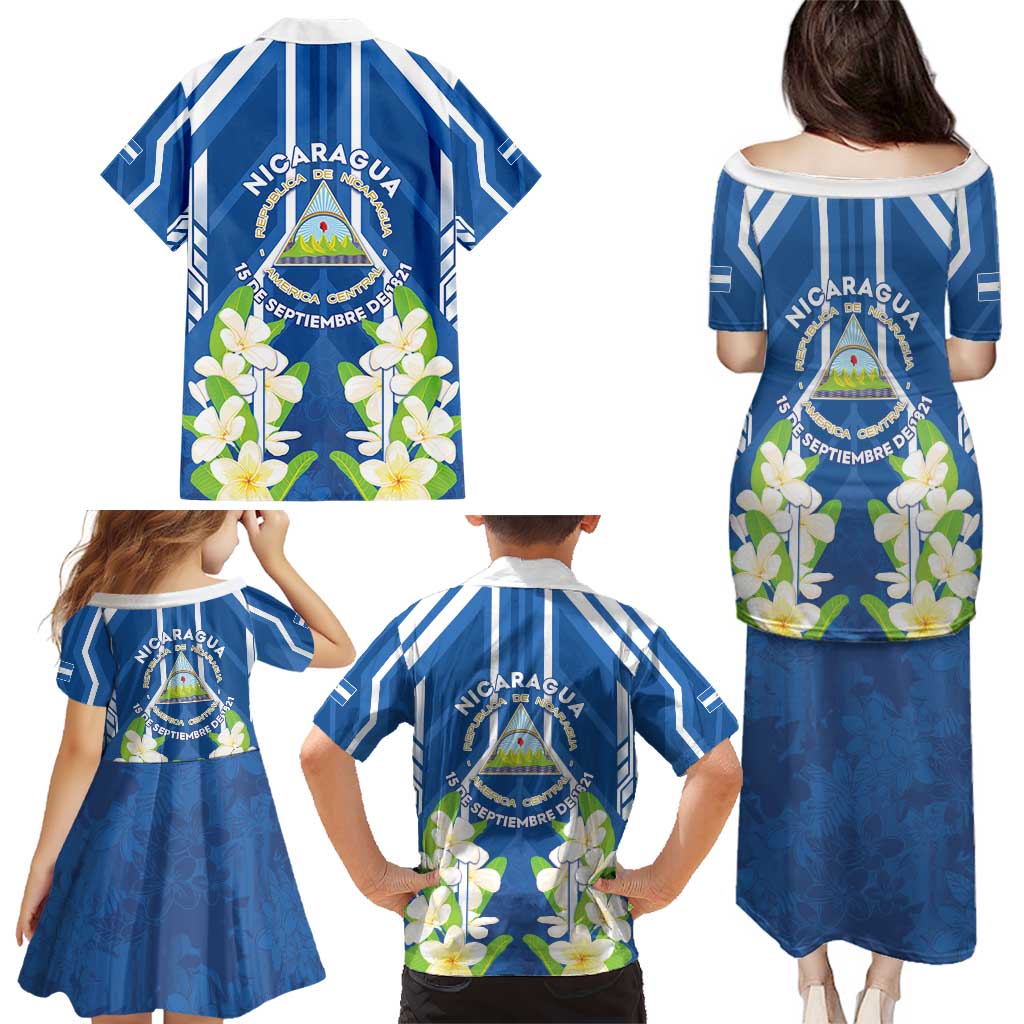 Nicaragua Independence Day 1821 Family Matching Puletasi and Hawaiian Shirt Coat Of Arms With Plumeria - Wonder Print Shop
