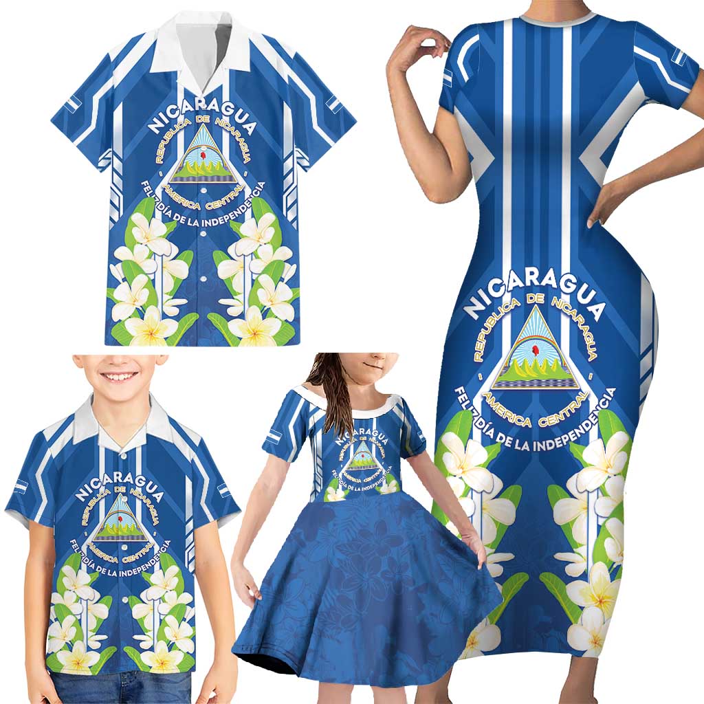 Nicaragua Independence Day 1821 Family Matching Short Sleeve Bodycon Dress and Hawaiian Shirt Coat Of Arms With Plumeria - Wonder Print Shop