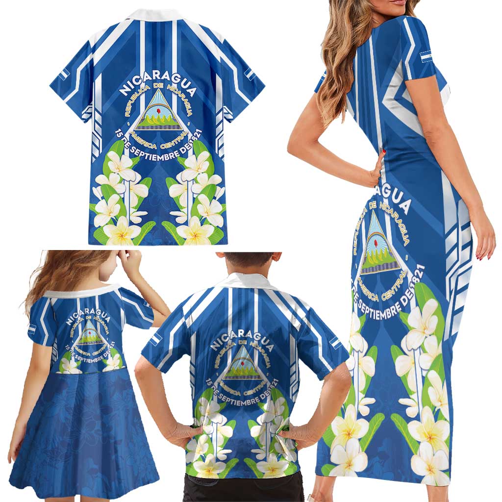 Nicaragua Independence Day 1821 Family Matching Short Sleeve Bodycon Dress and Hawaiian Shirt Coat Of Arms With Plumeria - Wonder Print Shop