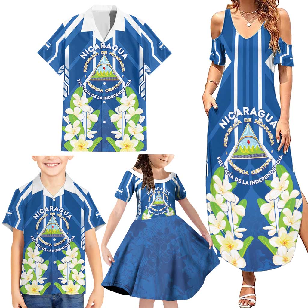 Nicaragua Independence Day 1821 Family Matching Summer Maxi Dress and Hawaiian Shirt Coat Of Arms With Plumeria - Wonder Print Shop