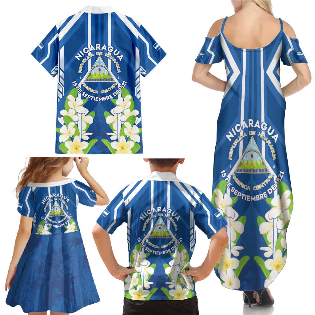 Nicaragua Independence Day 1821 Family Matching Summer Maxi Dress and Hawaiian Shirt Coat Of Arms With Plumeria - Wonder Print Shop