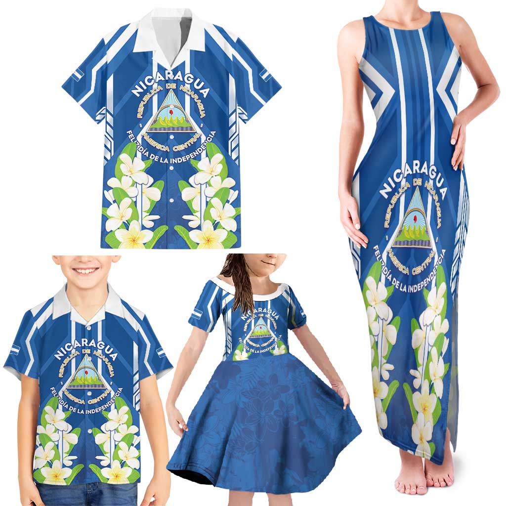 Nicaragua Independence Day 1821 Family Matching Tank Maxi Dress and Hawaiian Shirt Coat Of Arms With Plumeria - Wonder Print Shop