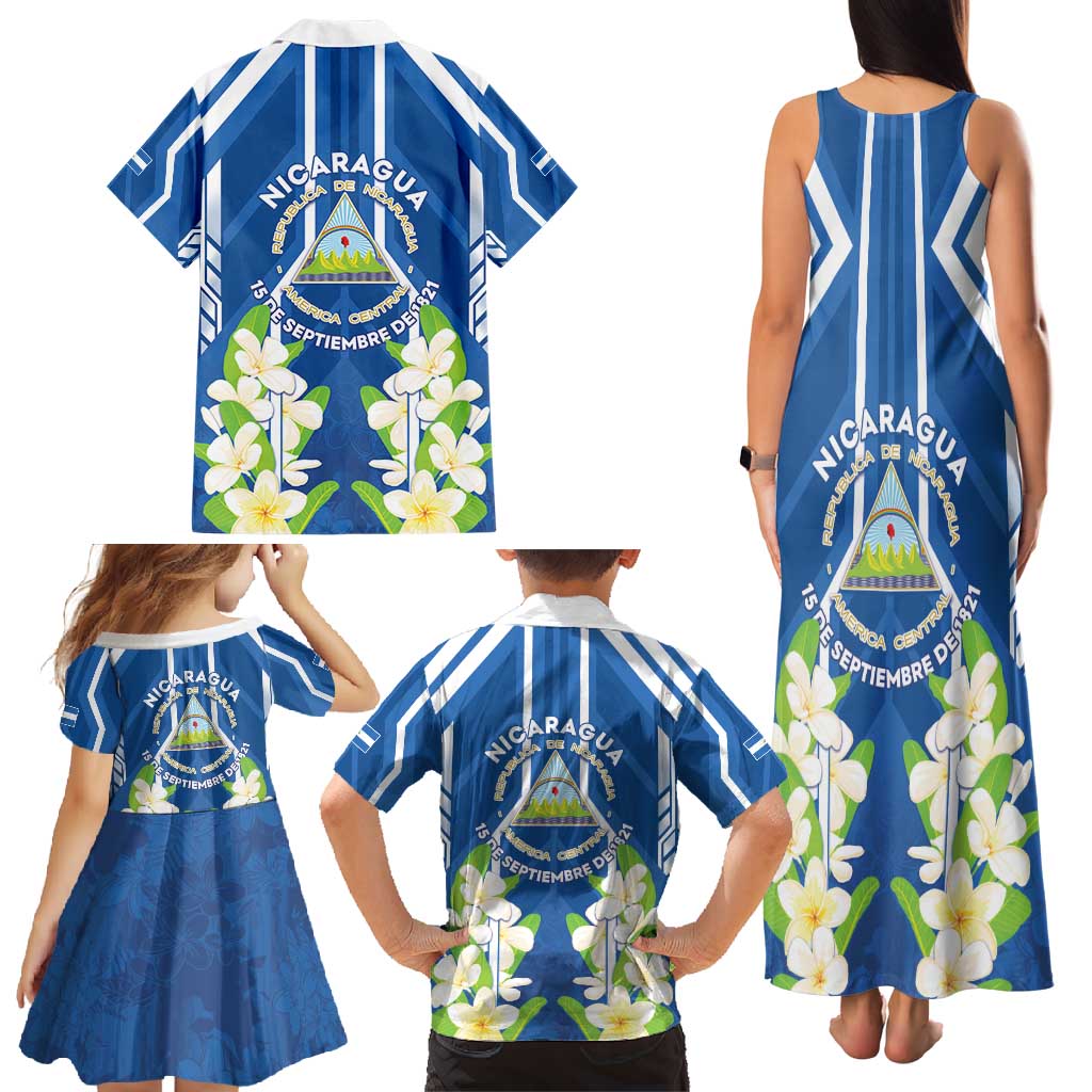 Nicaragua Independence Day 1821 Family Matching Tank Maxi Dress and Hawaiian Shirt Coat Of Arms With Plumeria - Wonder Print Shop