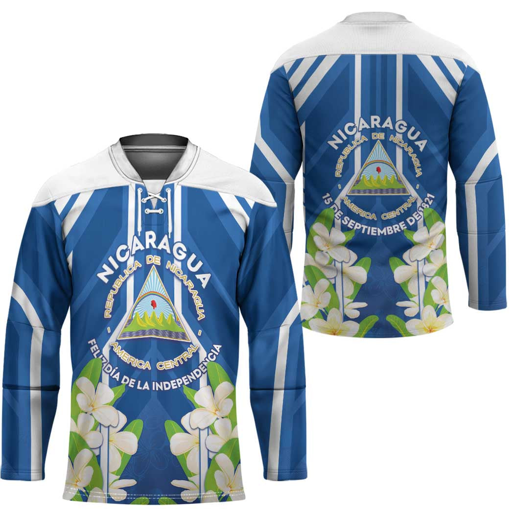 Nicaragua Independence Day 1821 Hockey Jersey Coat Of Arms With Plumeria - Wonder Print Shop