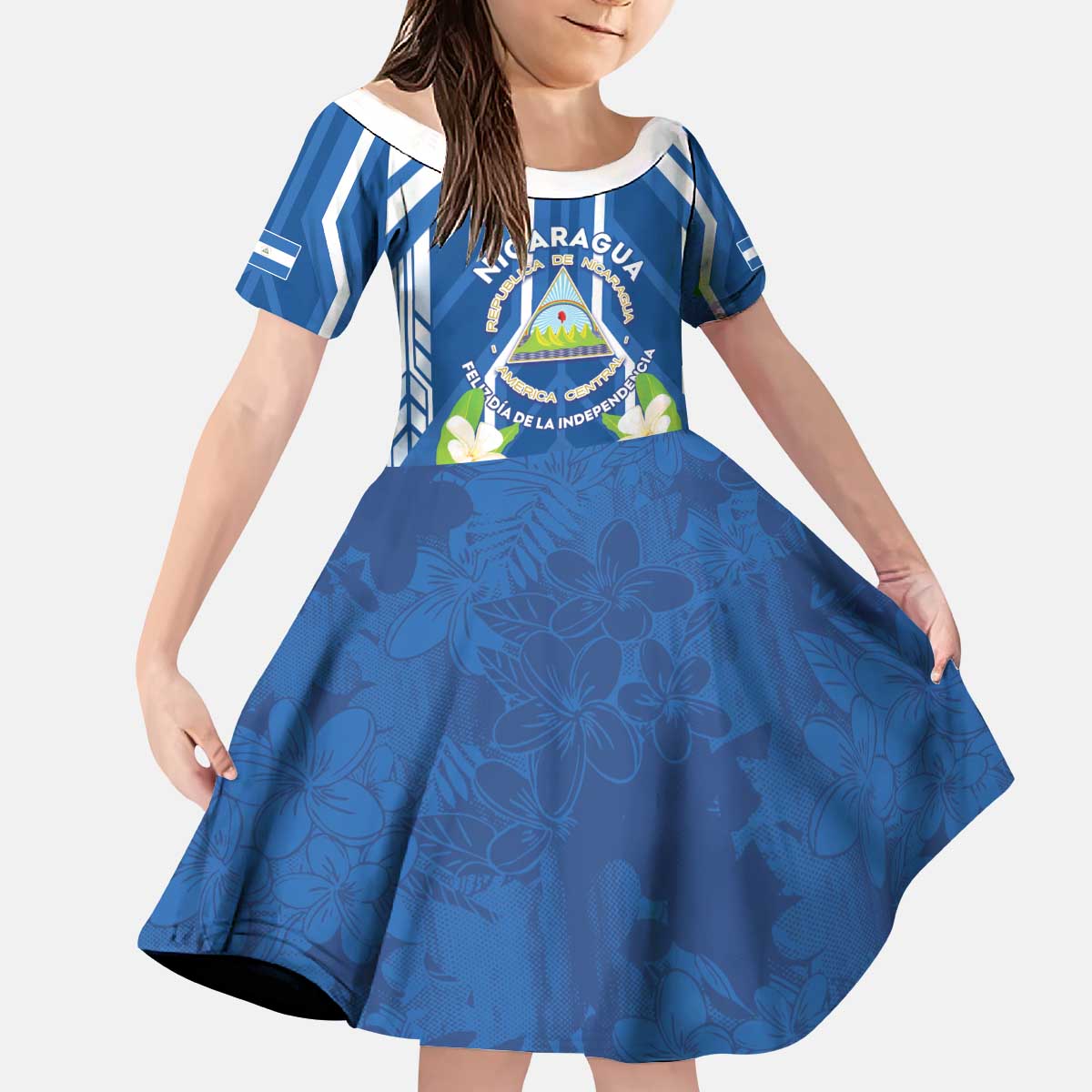 Nicaragua Independence Day 1821 Kid Short Sleeve Dress Coat Of Arms With Plumeria - Wonder Print Shop