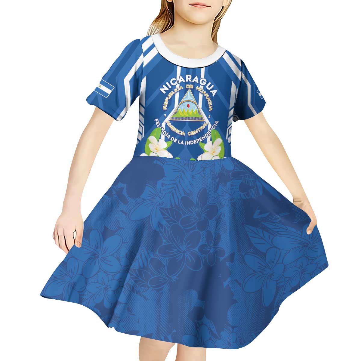 Nicaragua Independence Day 1821 Kid Short Sleeve Dress Coat Of Arms With Plumeria - Wonder Print Shop