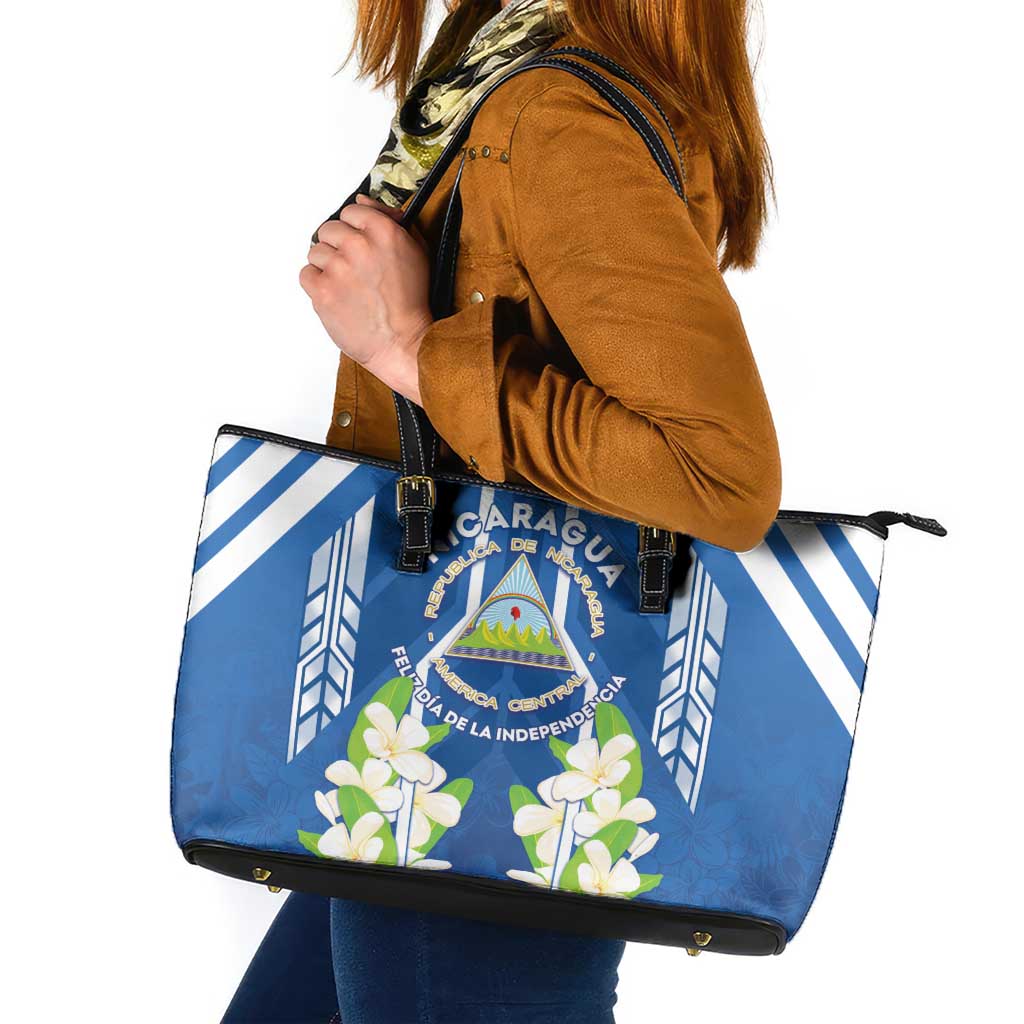 Nicaragua Independence Day 1821 Leather Tote Bag Coat Of Arms With Plumeria - Wonder Print Shop