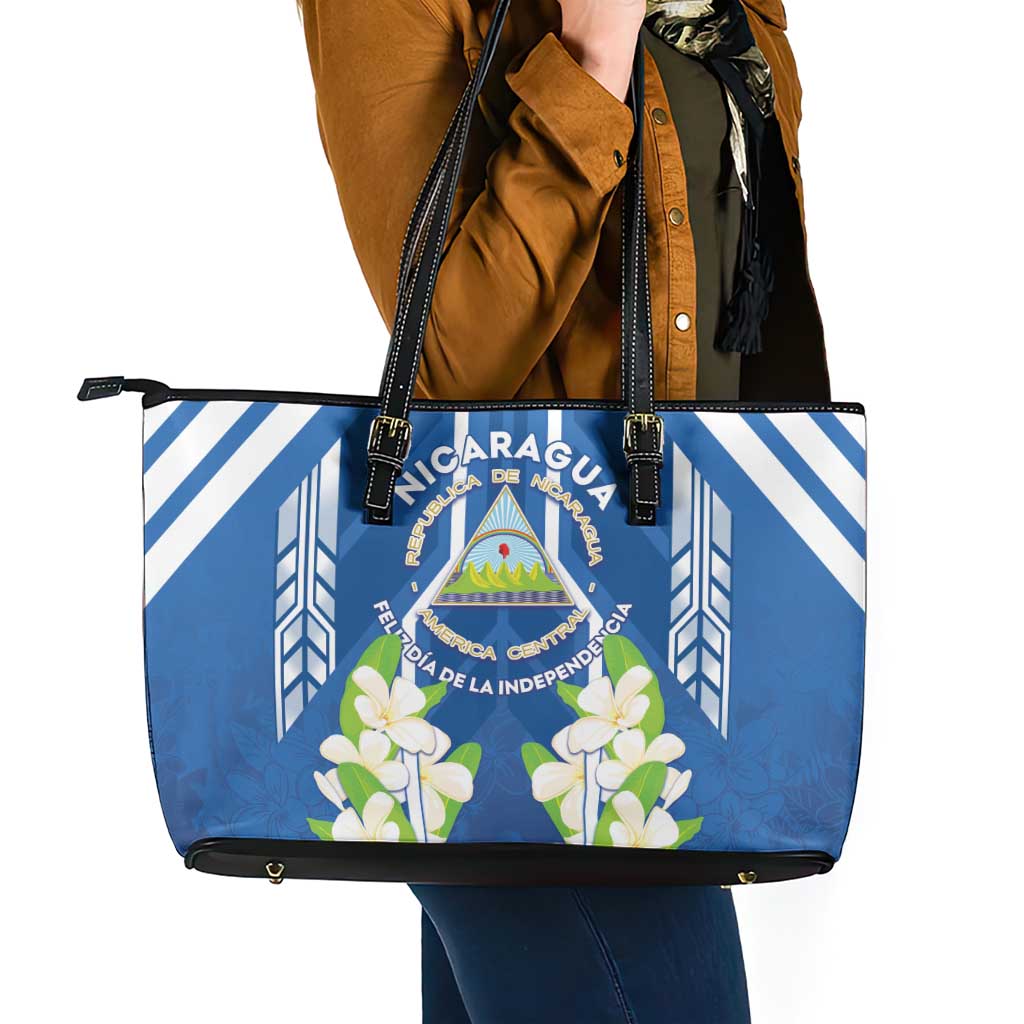 Nicaragua Independence Day 1821 Leather Tote Bag Coat Of Arms With Plumeria - Wonder Print Shop