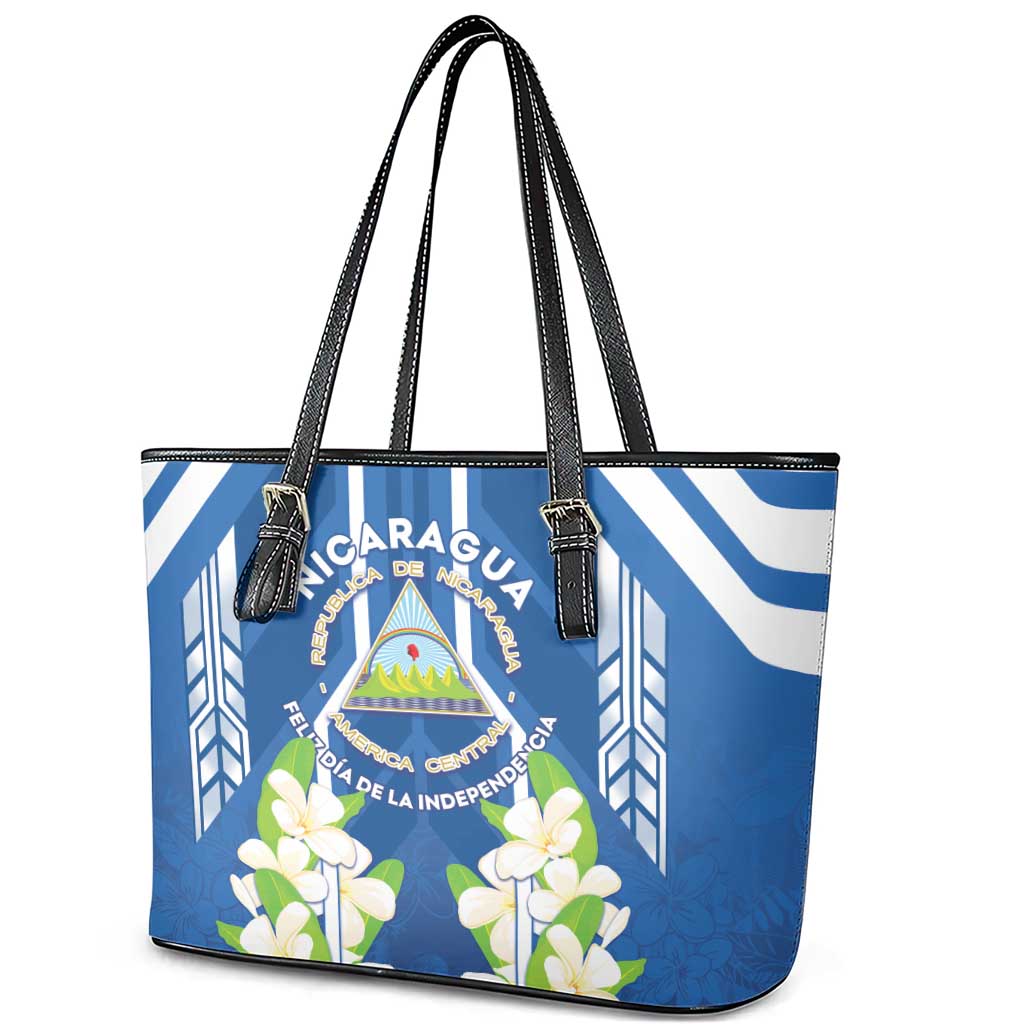 Nicaragua Independence Day 1821 Leather Tote Bag Coat Of Arms With Plumeria - Wonder Print Shop