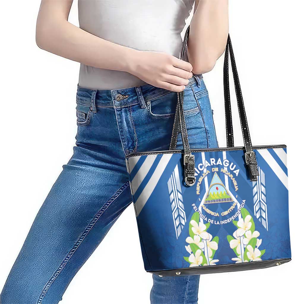 Nicaragua Independence Day 1821 Leather Tote Bag Coat Of Arms With Plumeria - Wonder Print Shop