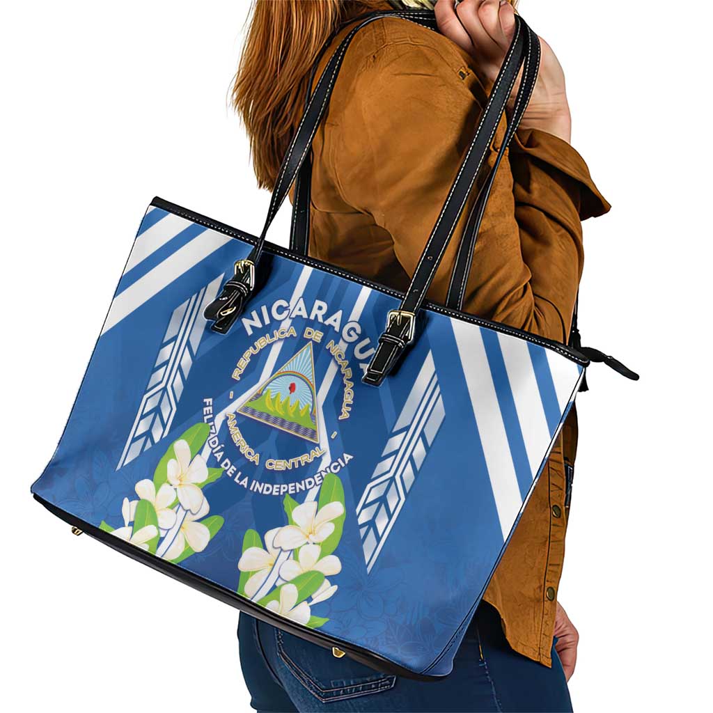 Nicaragua Independence Day 1821 Leather Tote Bag Coat Of Arms With Plumeria - Wonder Print Shop