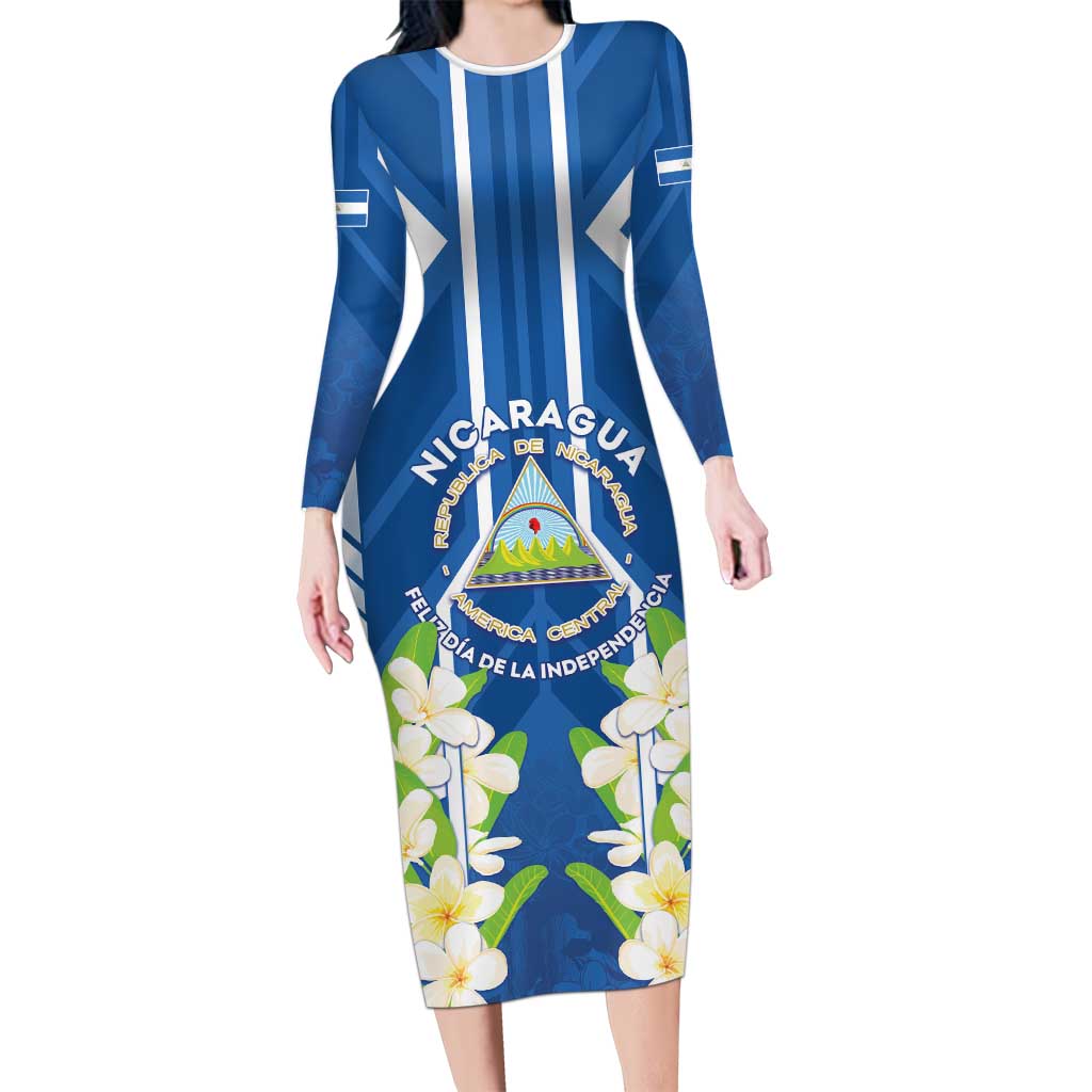 Nicaragua Independence Day 1821 Long Sleeve Bodycon Dress Coat Of Arms With Plumeria - Wonder Print Shop