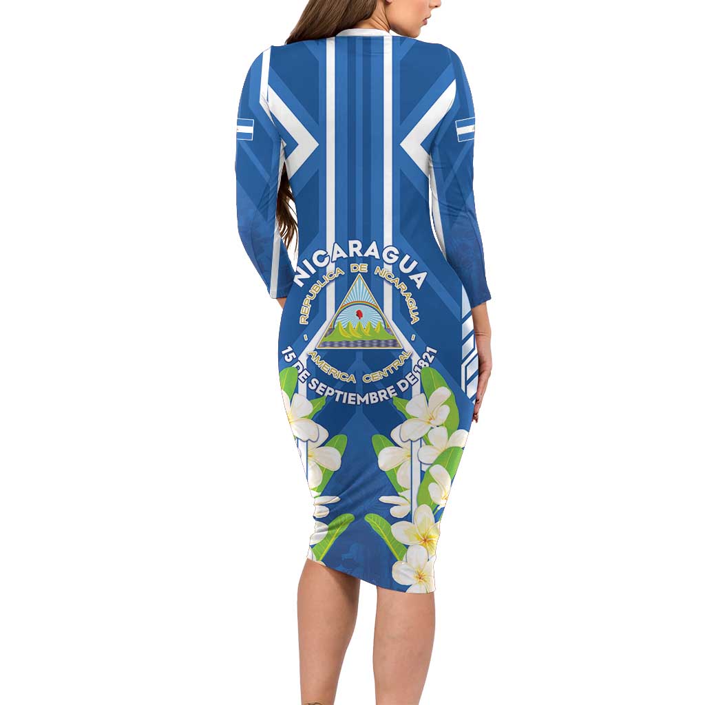 Nicaragua Independence Day 1821 Long Sleeve Bodycon Dress Coat Of Arms With Plumeria - Wonder Print Shop