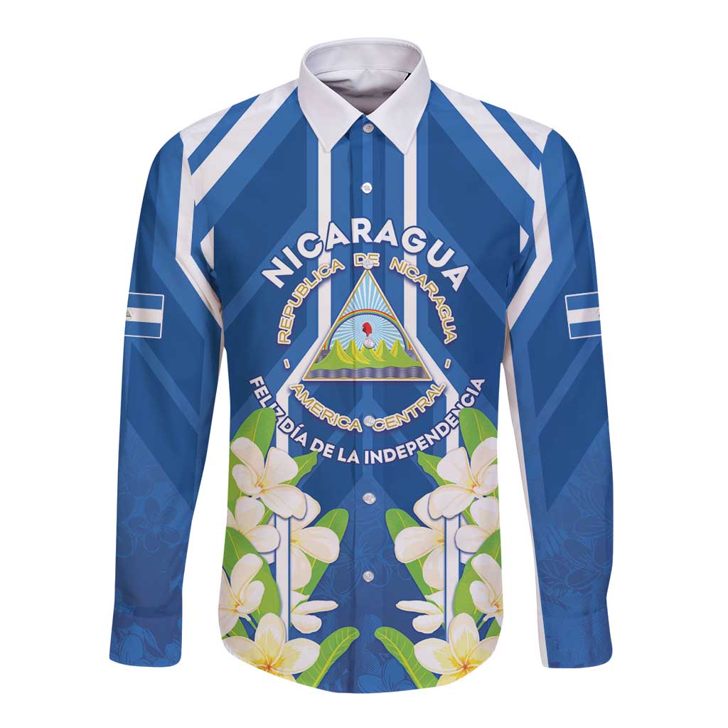 Nicaragua Independence Day 1821 Long Sleeve Button Shirt Coat Of Arms With Plumeria - Wonder Print Shop