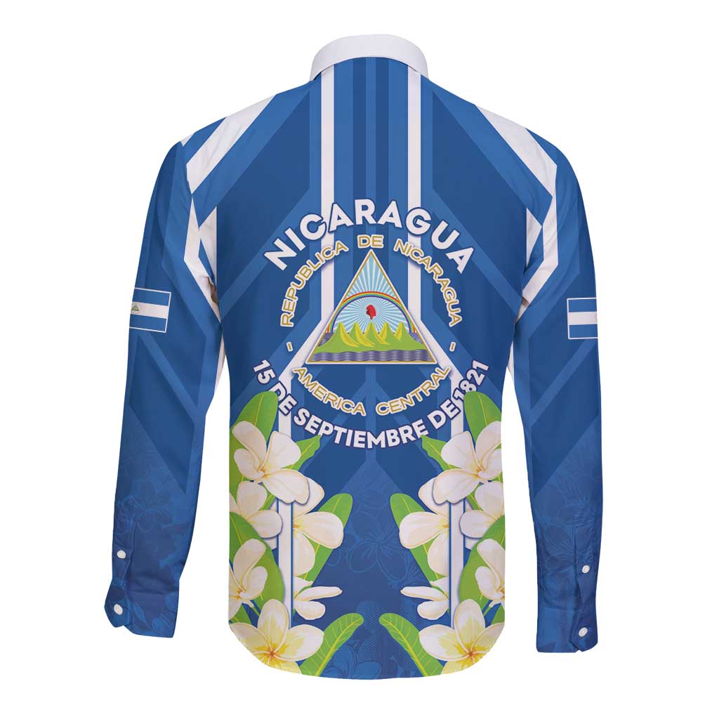 Nicaragua Independence Day 1821 Long Sleeve Button Shirt Coat Of Arms With Plumeria - Wonder Print Shop