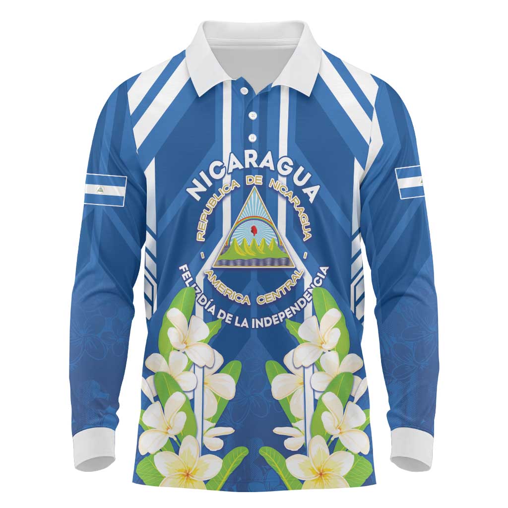 Nicaragua Independence Day 1821 Long Sleeve Polo Shirt Coat Of Arms With Plumeria - Wonder Print Shop
