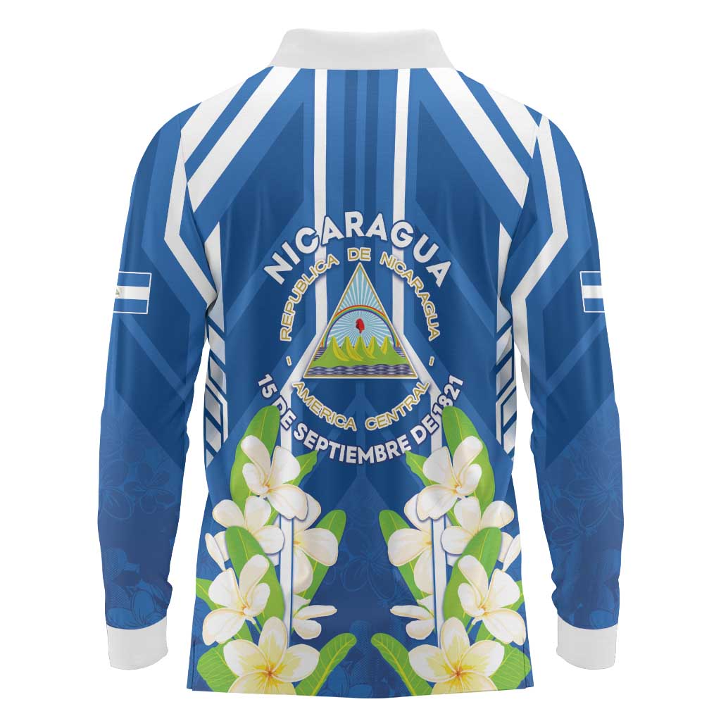 Nicaragua Independence Day 1821 Long Sleeve Polo Shirt Coat Of Arms With Plumeria - Wonder Print Shop