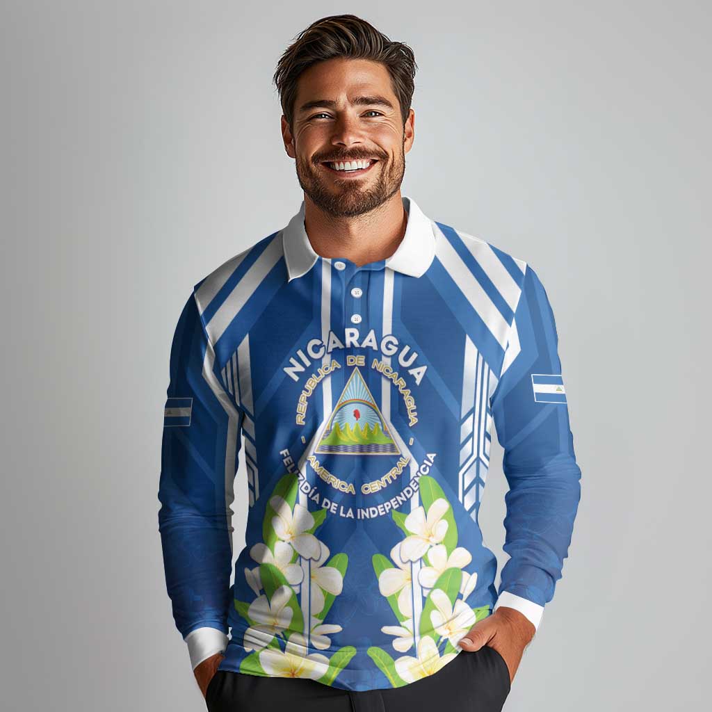 Nicaragua Independence Day 1821 Long Sleeve Polo Shirt Coat Of Arms With Plumeria - Wonder Print Shop