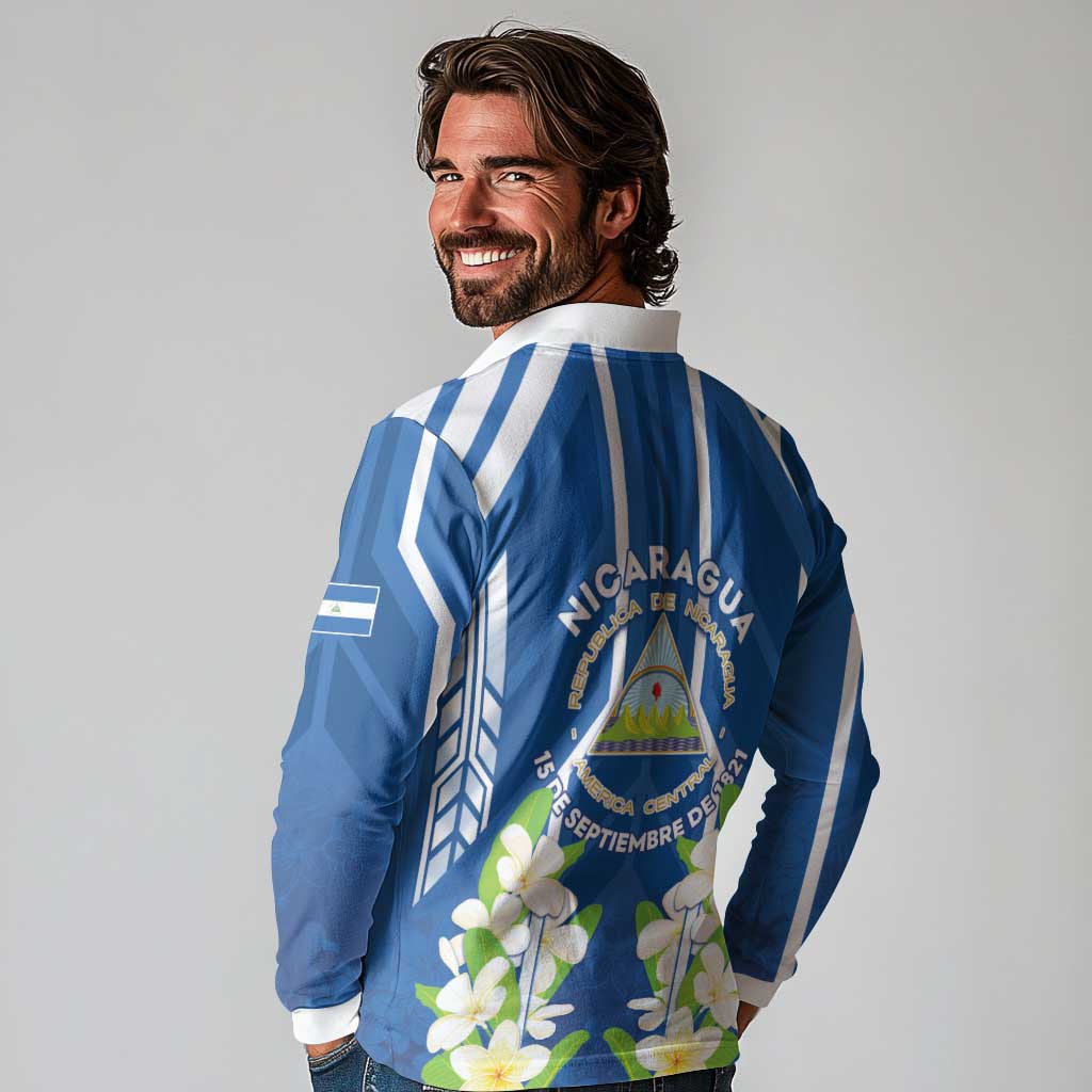 Nicaragua Independence Day 1821 Long Sleeve Polo Shirt Coat Of Arms With Plumeria - Wonder Print Shop