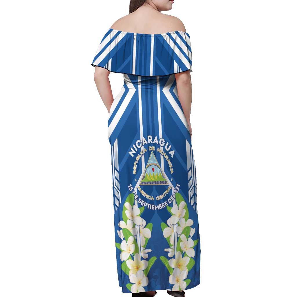 Nicaragua Independence Day 1821 Off Shoulder Maxi Dress Coat Of Arms With Plumeria - Wonder Print Shop