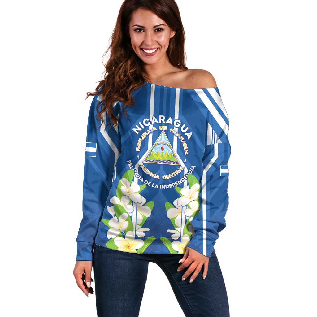 Nicaragua Independence Day 1821 Off Shoulder Sweater Coat Of Arms With Plumeria - Wonder Print Shop