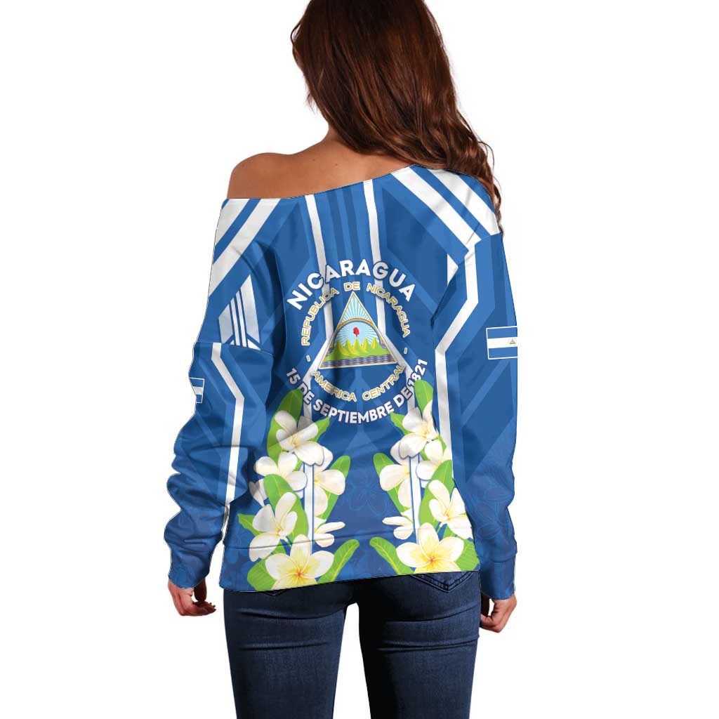 Nicaragua Independence Day 1821 Off Shoulder Sweater Coat Of Arms With Plumeria - Wonder Print Shop