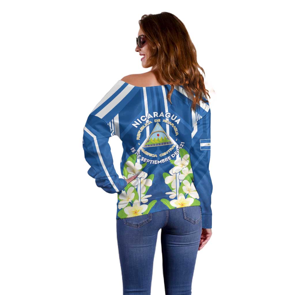 Nicaragua Independence Day 1821 Off Shoulder Sweater Coat Of Arms With Plumeria - Wonder Print Shop