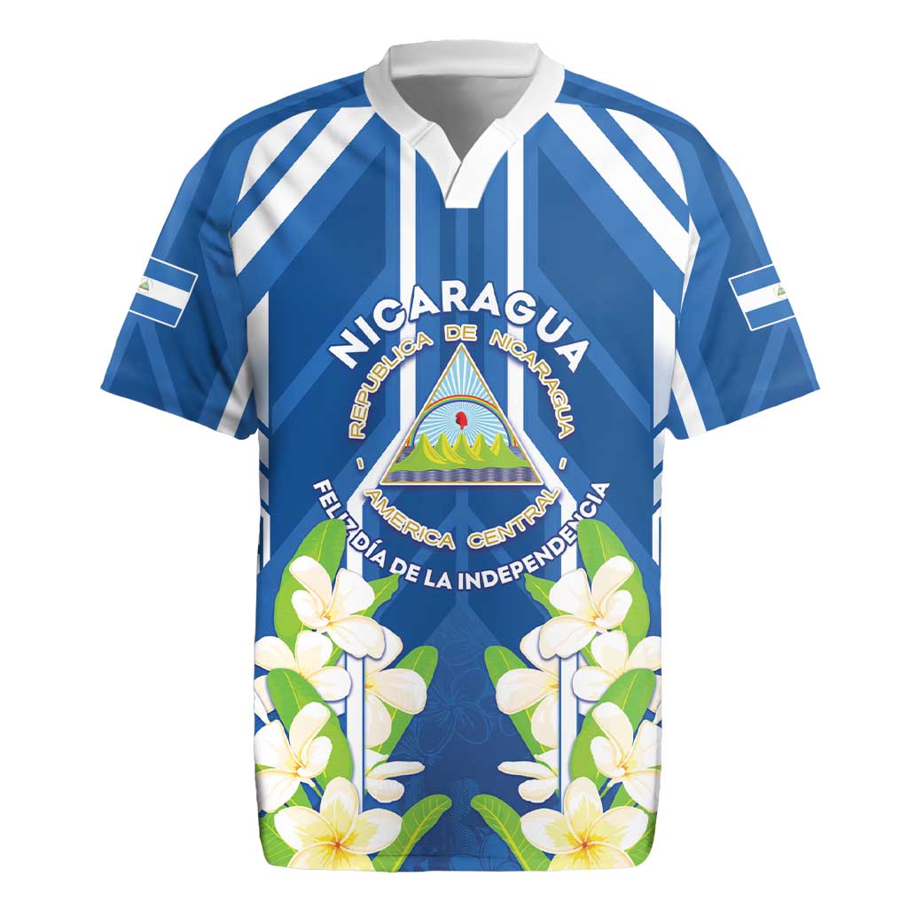 Nicaragua Independence Day 1821 Rugby Jersey Coat Of Arms With Plumeria - Wonder Print Shop