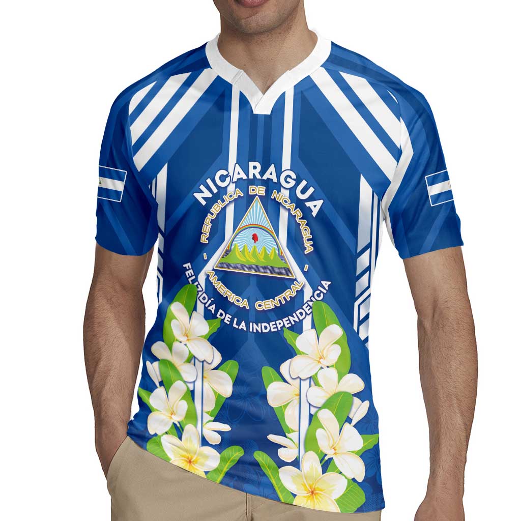 Nicaragua Independence Day 1821 Rugby Jersey Coat Of Arms With Plumeria - Wonder Print Shop