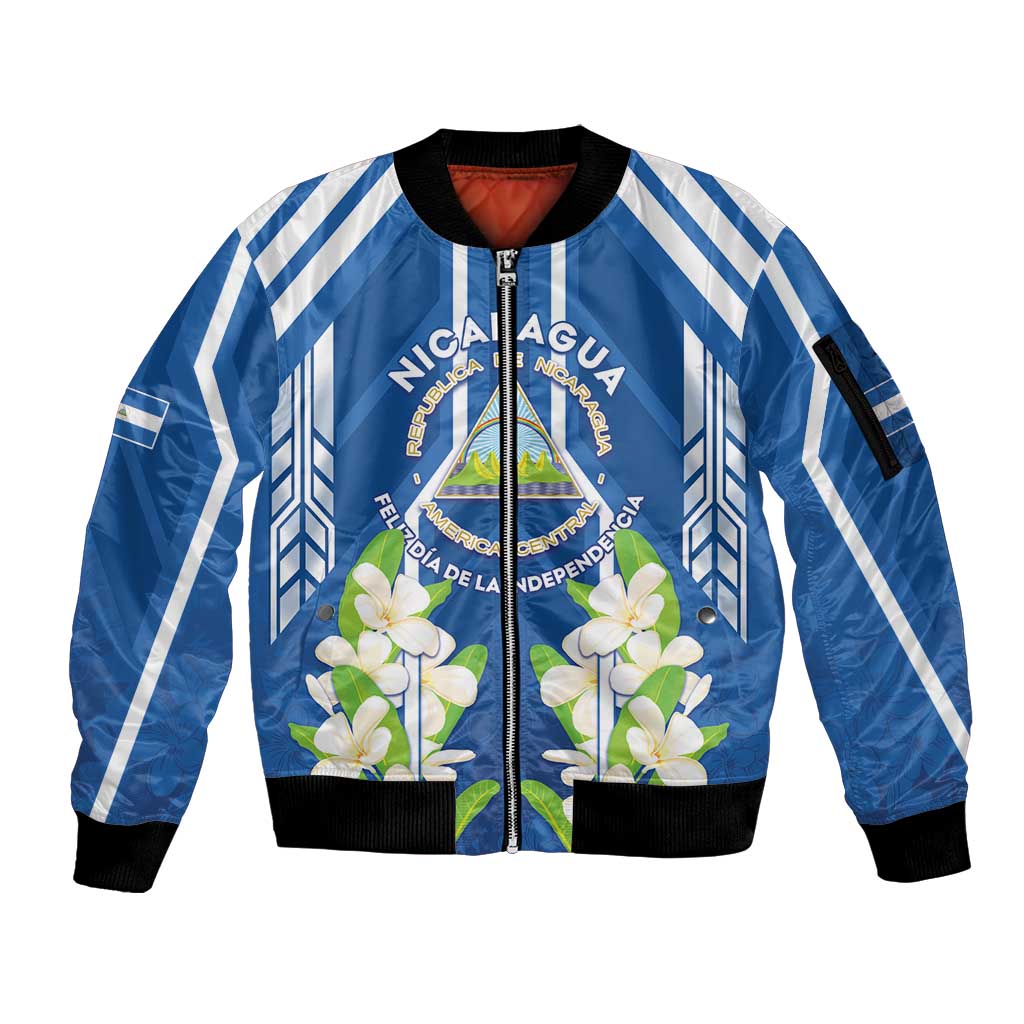 Nicaragua Independence Day 1821 Sleeve Zip Bomber Jacket Coat Of Arms With Plumeria - Wonder Print Shop