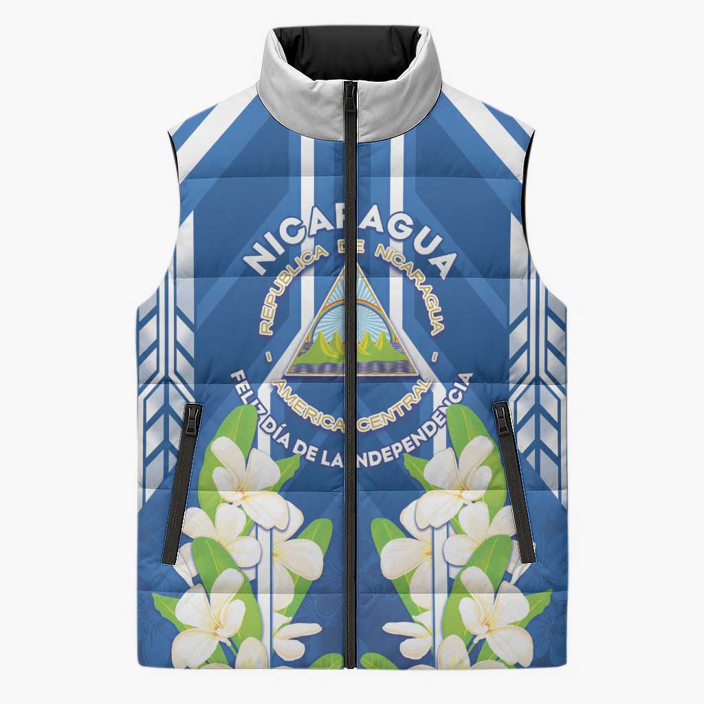 Nicaragua Independence Day 1821 Sleeveless Puffer Jacket Coat Of Arms With Plumeria - Wonder Print Shop