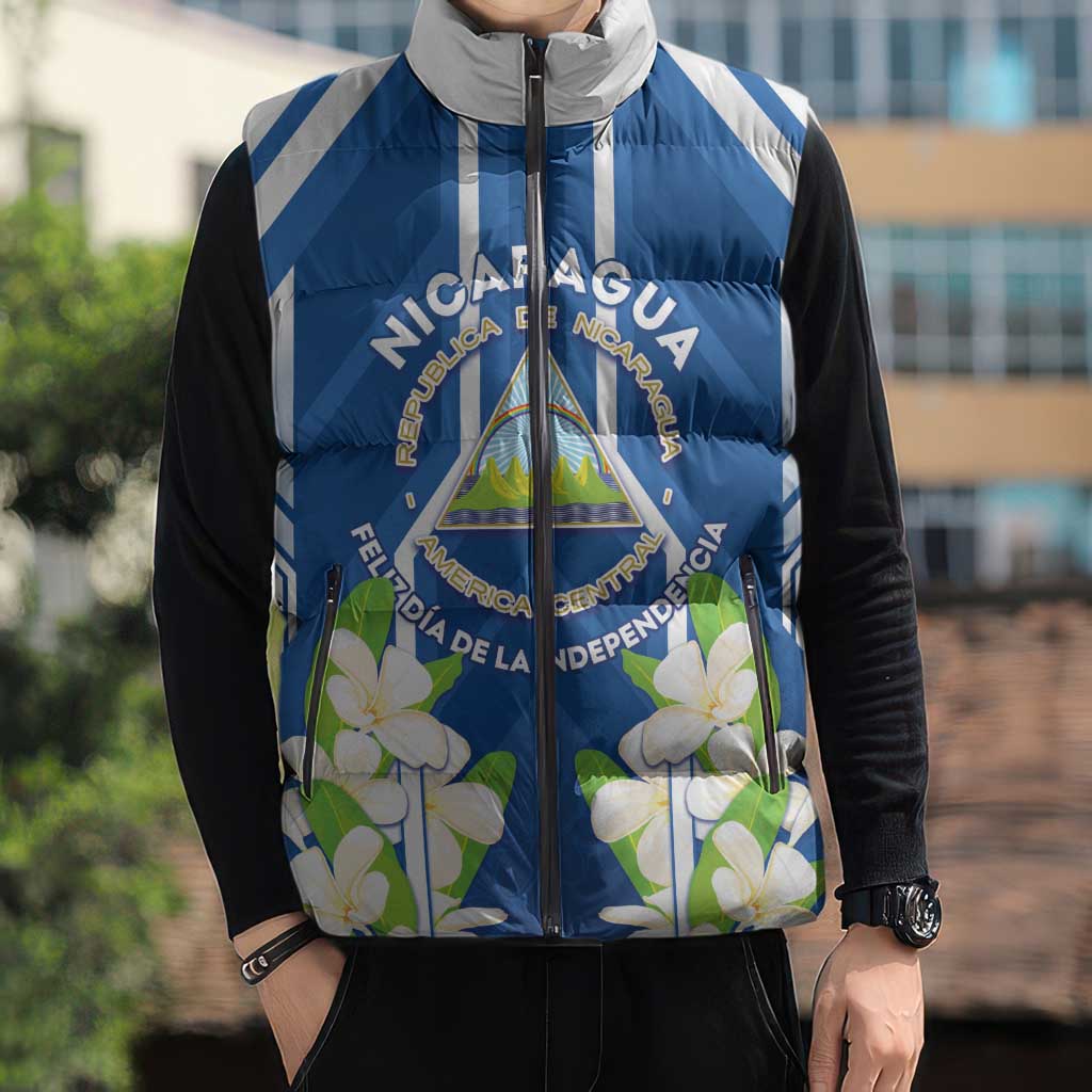 Nicaragua Independence Day 1821 Sleeveless Puffer Jacket Coat Of Arms With Plumeria - Wonder Print Shop