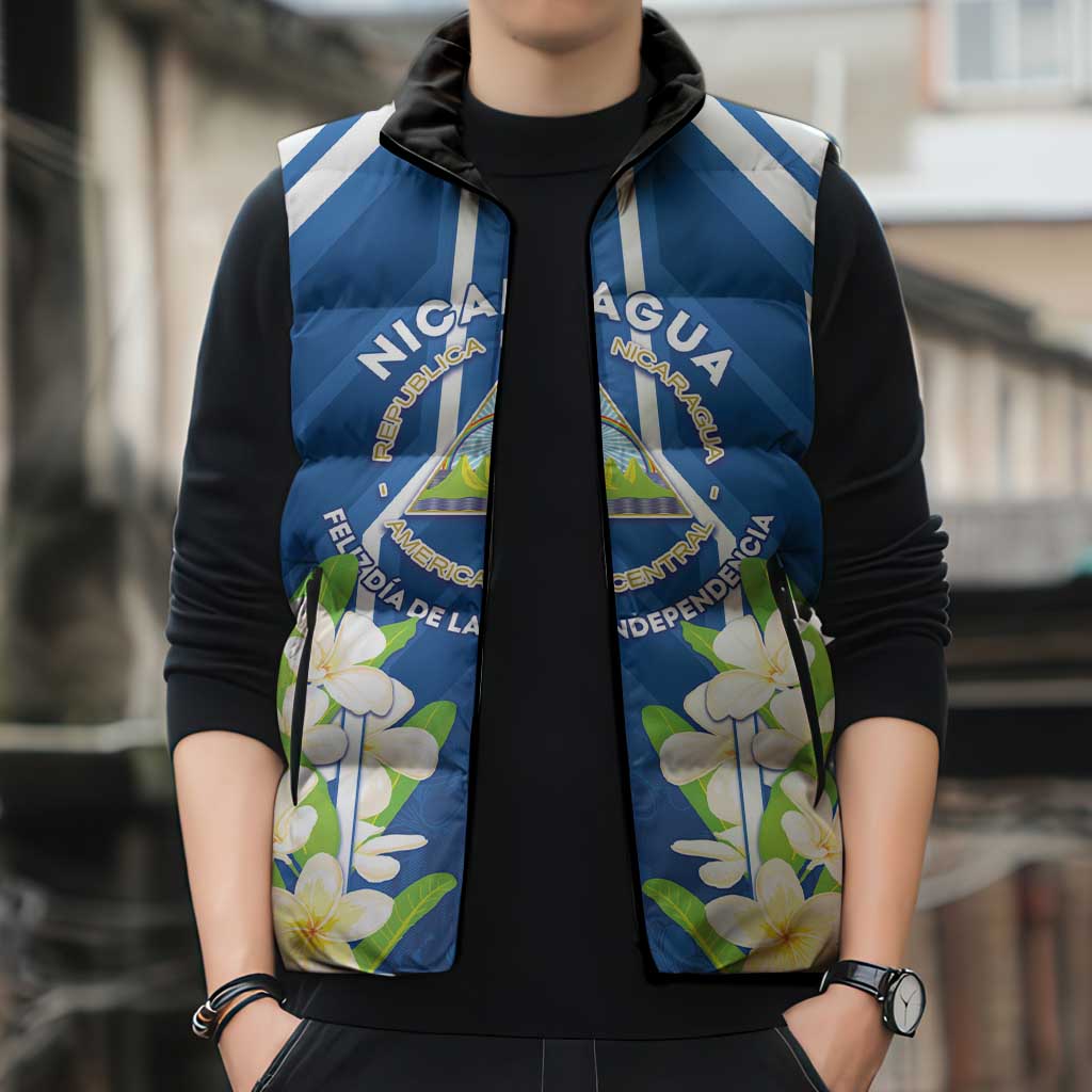 Nicaragua Independence Day 1821 Sleeveless Puffer Jacket Coat Of Arms With Plumeria - Wonder Print Shop