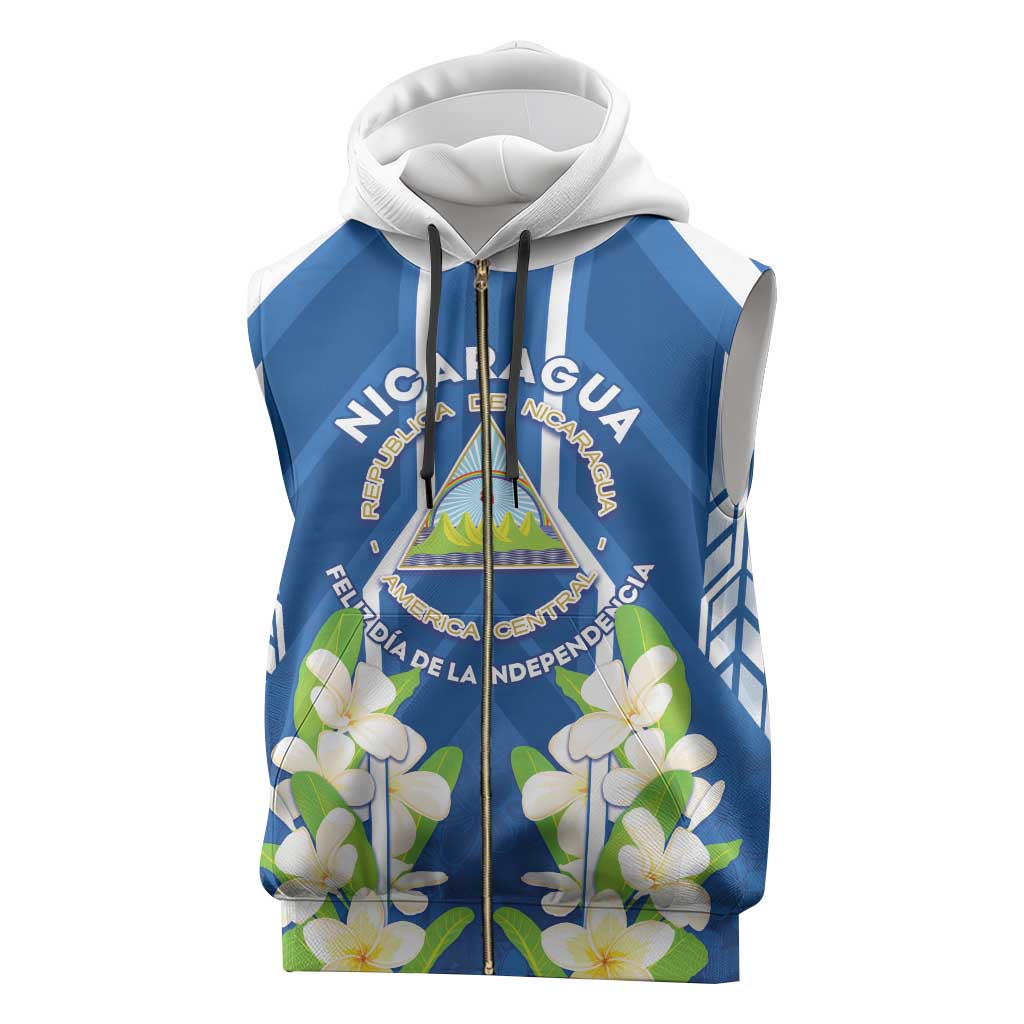 Nicaragua Independence Day 1821 Sleeveless Zip Hoodie Coat Of Arms With Plumeria - Wonder Print Shop
